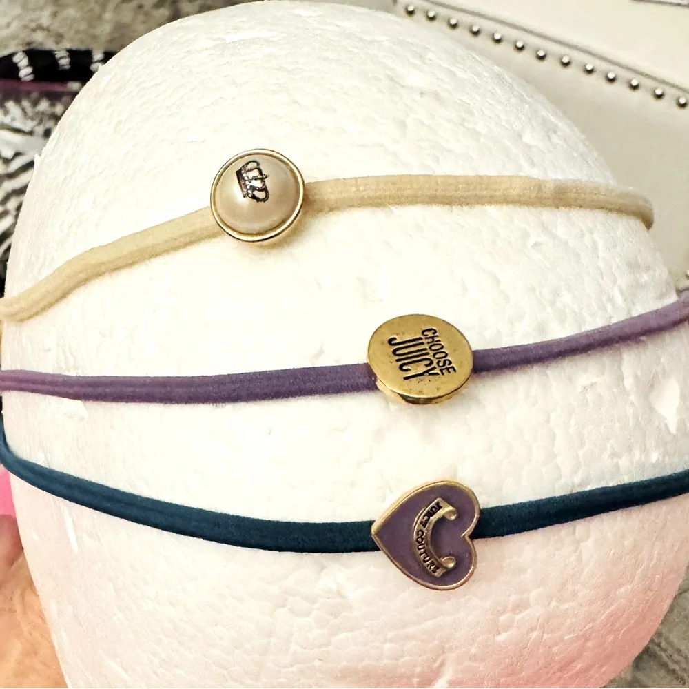JUICY COUTURE HAIR HEADBANDS HEART LOGO CHARMS SET OF 3